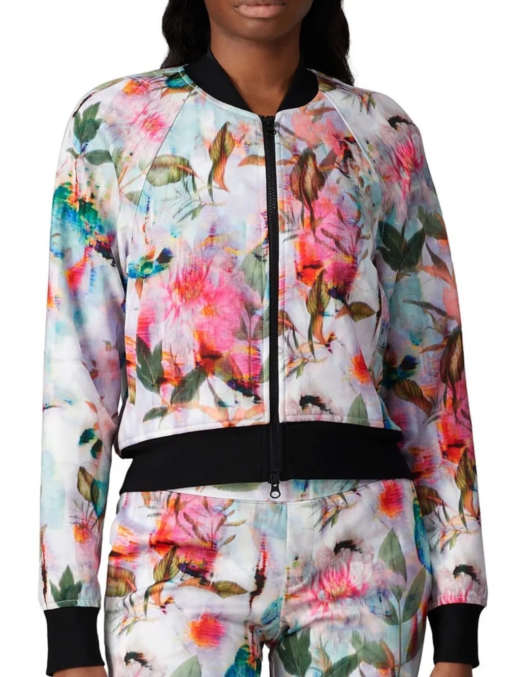 Pam & Gela Floral Print Bomber Jacket Small Watercolor Zip Front Cropped Jacket